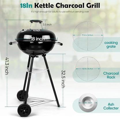 HaSteeL 18 Inch Charcoal Grill, Black Kettle Outdoor Barbecue Grill, 2-In-1 Portable BBQ Grill with Wheels for Camping Backyard Patio Picnic, Porcelain-Enameled Lid & Fire Bowl, 254.SQ.IN Cooking Area