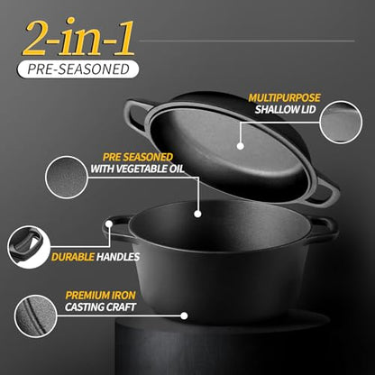EDGING CASTING 2-in-1 Pre-Seasoned Cast Iron Dutch Oven Pot with Skillet Lid Cooking Pan, Cast Iron Skillet Cookware Pan Set with Dual Handles Indoor Outdoor for Bread, Frying, Baking, Camping, 7QT