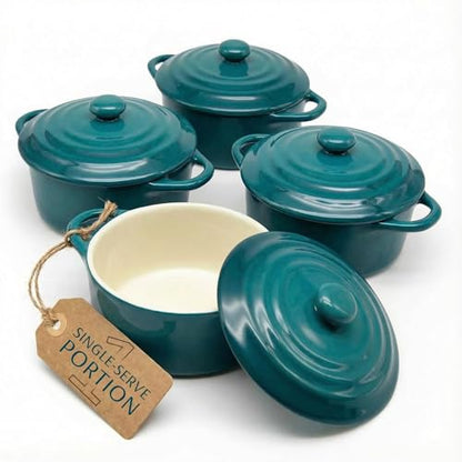 Kook Ceramic Mini Cocotte Set, Small Casserole Dishes with Lids and Handles, Individual Baking Ramekins, Oven Safe 350F, Microwave & Dishwasher Safe, Stoneware, 12 oz, Set of 4, (Aqua Ombre)