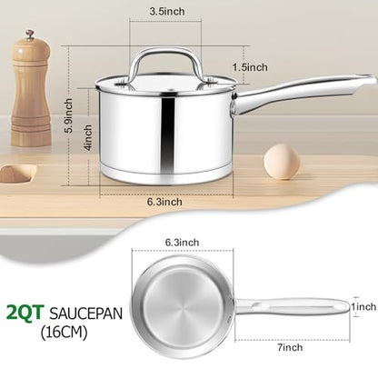TeamFar 2 qt Saucepan with Lid, Stainless Steel Small Sauce Milk Pan with Tri-ply Bottom for Induction/Gas/Electric/Ceramic, Healthy & Heavy Duty, Mirror Finish & Straight Side, Dishwasher Safe