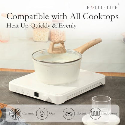 ESLITE LIFE Nonstick Sauce Pan with Lid, 1.5 QT Small Soup Pot Compatible with All Stovetops (Gas, Electric & Induction), PFOA Free, White