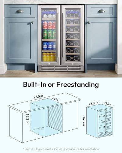 EUHOMY Wine and Beverage Refrigerator, 24 Inch Dual Zone Wine Cooler with Glass Door Hold 21 Bottles and 88 Cans, Built in or Under Counter Wine Fridge with Blue LED Light