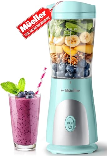 Mueller Heavy-Duty Personal Blender for Shakes and Smoothies with a 15 Oz Travel Cup and Lid, Juices, Baby Food, Portable Blender & Food Processor, Turquoise