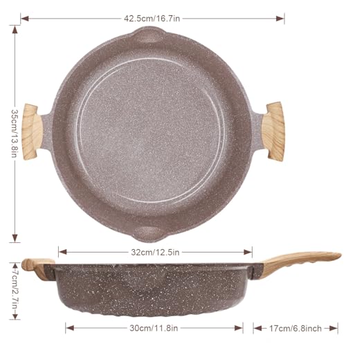 AIKENBBKK Ceramic Frying Pan with Lid, 14 Inch Saute Pan, Non Stick Frying Pans, 2-In-1 Large Cooking Pan, Nonstick Skillet, Compatible with All Stoves, PTFE & PFOA Free, Brown