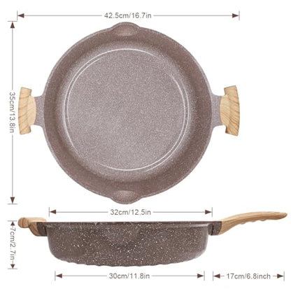 AIKENBBKK Ceramic Frying Pan with Lid, 14 Inch Saute Pan, Non Stick Frying Pans, 2-In-1 Large Cooking Pan, Nonstick Skillet, Compatible with All Stoves, PTFE & PFOA Free, Brown