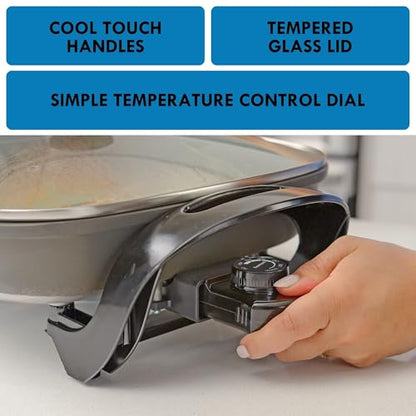 Kenmore Electric Skillet - Nonstick Frying Pan With Removable Glass Lid, Grill, Saute, Roast Chicken, Cook Pancake, 12x12" Temperature Control Easy Clean Countertop Kitchen Appliance