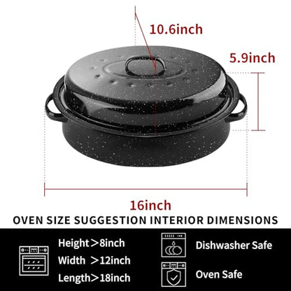 DIMESHY 16Inch Roasting Pan, Enamel on Steel, Black Covered Oval Roaster Pan with Lid, Medium Cookware for Turkey, Small Chicken, Roast Baking Pan.