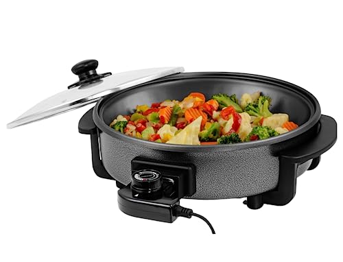 OVENTE 11.5-Inch Electric Skillet & Frying Pan, 1400W Nonstick Cooking Pan with Adjustable Temperature Control, Tempered Glass Lid with Steam Vent, Cool-Touch Handles, Easy-Clean Black SK11112B