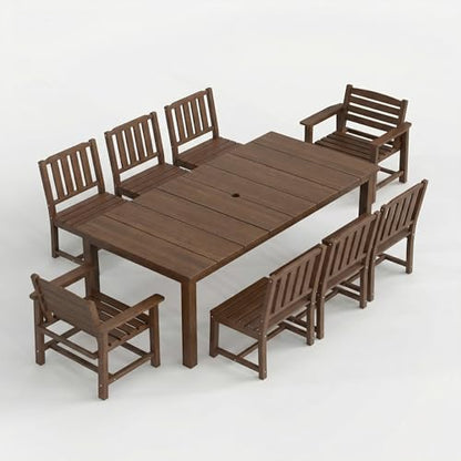 Patio Kingdom 9-Piece Outdoor Dining Set for 8, 75.2" HDPE Table with Umbrella Hole & 8 Chairs, All-Weather Patio Furniture for Lawn, Yard, Deck, or Poolside, Fade & Crack Resistant (Brown)