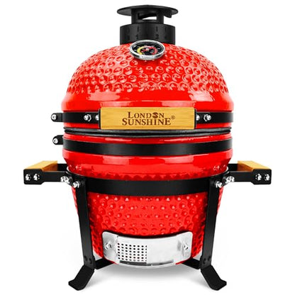 Upgraded 13 inch Ceramic Kamado Grill with Waterproof Air Vent Cap | Portable Tabletop Charcoal BBQ Grill Smoker for Outdoor Cooking, Patio, Camping | Red