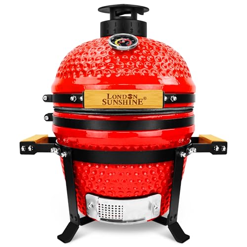 Upgraded 13 inch Ceramic Kamado Grill with Waterproof Air Vent Cap | Portable Tabletop Charcoal BBQ Grill Smoker for Outdoor Cooking, Patio, Camping | Red