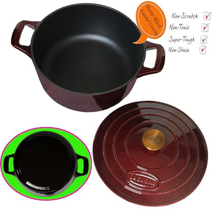 La Cuisine Enameled Cast Iron Dutch Oven Casserole Dish Pot with Lid, 5 QT 10.3“ /26cm Dia. Internal Matt Black Enamel Coating Gold-Plated SS Lid Handle Oven Safe up to 500° F, Cranberry
