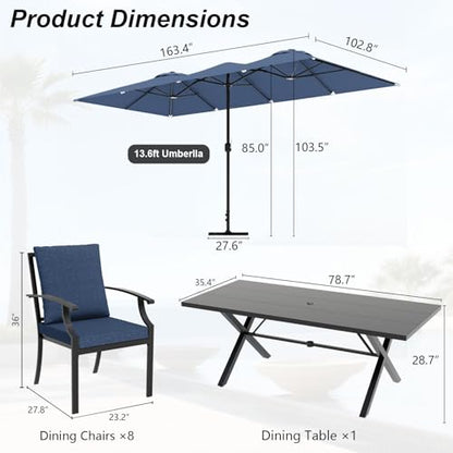 ASJMR 10 Piece Outdoor Dining Table and Chairs for 8, Rectangular Patio Dining Table with 14 Ft Patio Umbrella with 8 Fixed Dining Chairs with Cushions, Lawn Garden Outdoor Table and Chairs-Navy