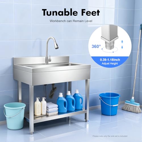 Stainless Steel Utility Sink, Freestanding Single Bowl Utility Sink with Storage Rack, Faucet, Commercial Bowl Kitchen Sinks for Kitchen Laundry Room Farmhouse Indoor and Outdoor, 39" x 20" x 31.5"