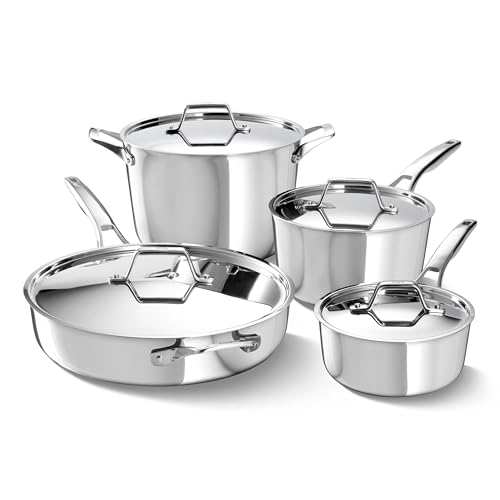 Calphalon Premier Polished 5-Ply Stainless Steel Cookware Set w/Turbo Heat Tech 8 Piece Includes Frying Pans, Pots and Pans Set, Induction, Oven Safe 500F, PFOA Free, Polished Stainless Silver