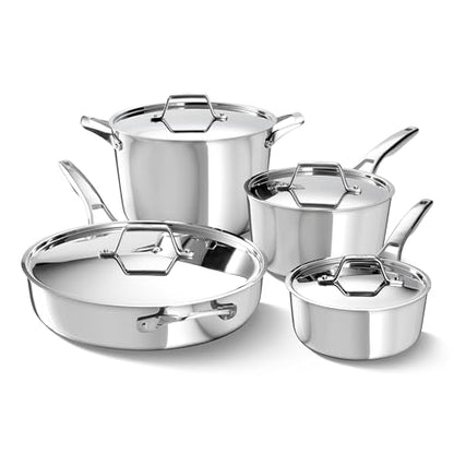 Calphalon Premier Polished 5-Ply Stainless Steel Cookware Set w/Turbo Heat Tech 8 Piece Includes Frying Pans, Pots and Pans Set, Induction, Oven Safe 500F, PFOA Free, Polished Stainless Silver