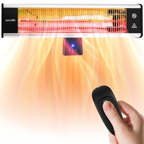 SereneLife Infrared Patio Heater, Wall-Mounted Electric Heater with Remote Control, 1500W, IP65 Approved, Odorless, Indoor/Outdoor for Patio, Restaurant, Backyard, Garage, Decks