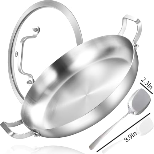 Inqibee 14 Inch Stainless Steel Paella Pan with Lid, Large Frying Pan Skillet with Double Riveted Handles, Wide Shallow Paellera for Stovetop, Induction Compatible, Oven Safe, Dishwasher Safe