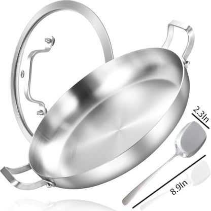 Inqibee 14 Inch Stainless Steel Paella Pan with Lid, Large Frying Pan Skillet with Double Riveted Handles, Wide Shallow Paellera for Stovetop, Induction Compatible, Oven Safe, Dishwasher Safe