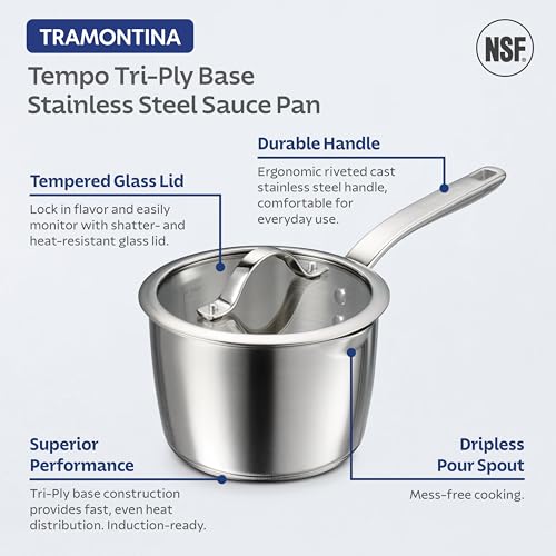 Tramontina Tempo Tri-Ply Base Stainless Steel 2-Quart Small Sauce Pan with Glass Lid, Induction-Ready Saucepan, Oven-Safe, Dishwasher-Safe