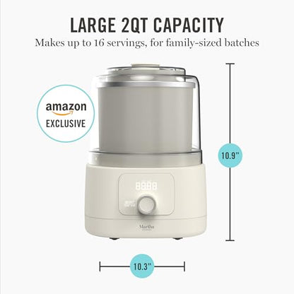 Martha Stewart Ice Cream Maker, 2 Quart Double-Insulated Freezer Bowl, Sorbet & Frozen Yogurt, Ready in 20 Minutes, Mix-Ins Chute, Easy to Clean, Linen Cream