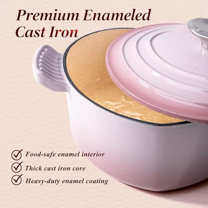 Mabeeze Heart Shaped Dutch Oven Enameled Cast Iron 2 Quart Casserole Pot with Lid Pink Nonstick Oven Safe All Cooktops for Baking Braising Serving Bread Baking