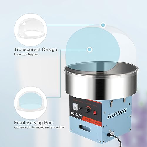 ROVSUN 21 Inch Cotton Candy Machine,Electric Commercial Cotton Candy Maker Machine Candy Floss Maker Machine w/Cover,Stainless Steel Bowl,Sugar Scoop and Large Storage Drawer for Party Carnival,Blue