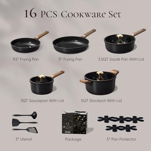 CAROTE Ceramic Cookware Set Nonstick, 16pcs Pots and Pans Set Nonstick, Non-Toxic & PFAS-Free, Dishwasher, RV/Camping Cookware Set, Cooking Pots with Lids, Charcoal Black