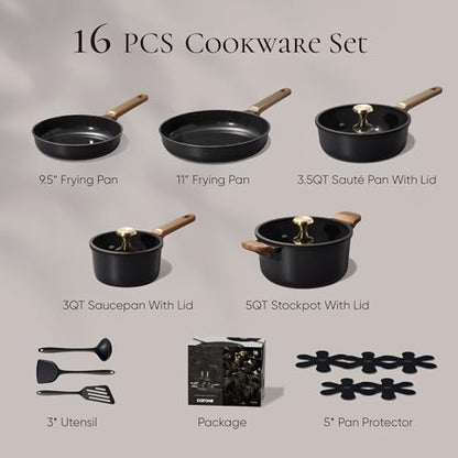 CAROTE Ceramic Cookware Set Nonstick, 16pcs Pots and Pans Set Nonstick, Non-Toxic & PFAS-Free, Dishwasher, RV/Camping Cookware Set, Cooking Pots with Lids, Charcoal Black