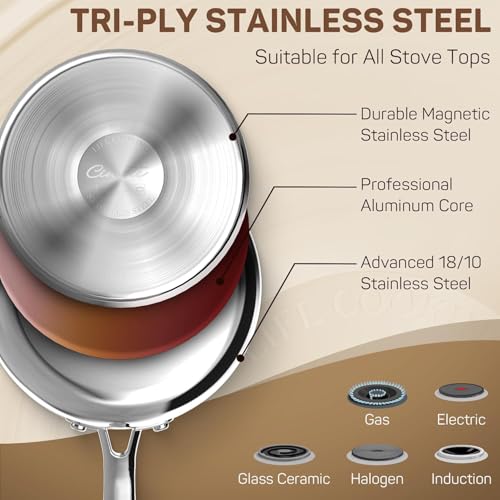 Ciwete 3 Qt Stainless Steel Saucepan with Glass Strainer Lid, 3 Quart Pot Stainless Steel Sauce Pan with Pour Spout, Mirror Polishing, Compatible with All Cooktops Dishwasher Safe Oven Safe