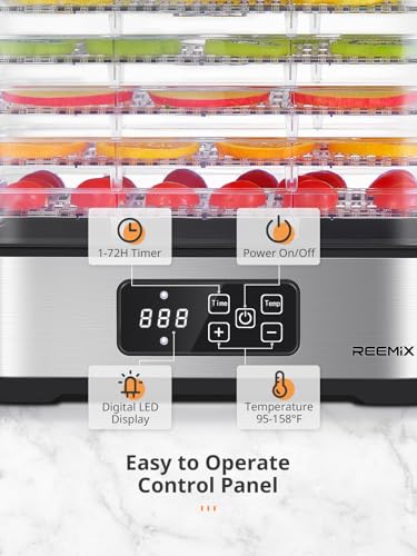 Reemix 5-Tier Compact Food Dehydrator - BPA-Free Trays, Stainless Steel Base, Touch Control LCD Display for Temperature/Time Adjustment, Home Use Dryer for Fruits, Veggies & Jerky