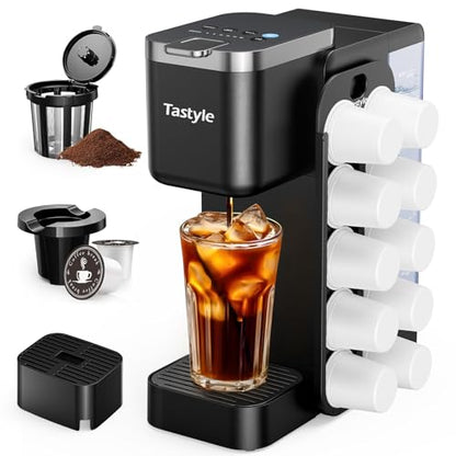 Tastyle Hot & Iced Coffee Maker with Magnetic K-Pod Organizer (Pods Not Included), Stores 10 Pods, 4-5 Cups Coffee Maker & Single-serve Brewer for K Cup & Grounds, 40oz Removable Water Tank, Black