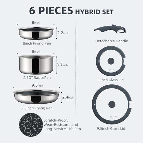 Ciwete 6-Piece Hybrid Stainless Steel Pots and Pans Set Non Stick, Tri-Ply Stainless Steel Cookware Set with Lids and Detachable Handle, PFOA Free Kitchen Skillet for All Cooktops, Dishwasher Safe