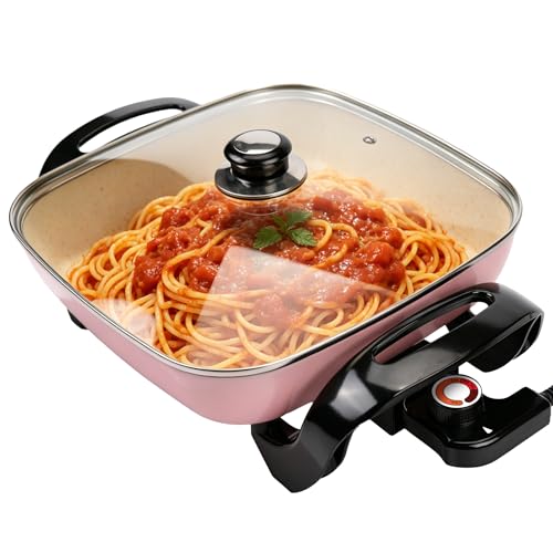 I-Keukenn 12'' Ceramic Nonstick Electric Skillet with Tempered Vented Glass Lid, Scratch-Resistant Surface, Cool-Touch Handles, Removable Easy-to-Clean, 120V 1200W 60Hz, Pink