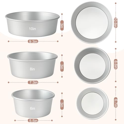 HomeMall Round Cake Pan with Removable Bottom, Set of 3 (6 x 3 inch/8 x 3 inch/10 x 3 inch), Aluminum Baking Pans for Layer Cakes, Evenly Heating Tools for Home Kitchen, Tapered Side