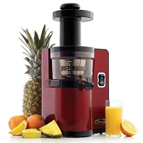 Omega Juicer Cold Press Vertical 43 RPM Slow Masticating Compact Juice Extractor for Fruits and Vegetables Quiet Operation with 3 Stage Auger Automatic Pulp Ejection and No-Drip Tap, 150-Watts, Red