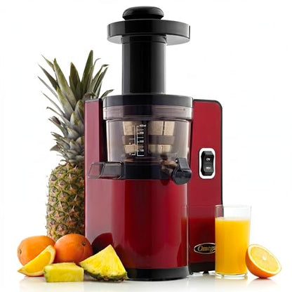 Omega Juicer Cold Press Vertical 43 RPM Slow Masticating Compact Juice Extractor for Fruits and Vegetables Quiet Operation with 3 Stage Auger Automatic Pulp Ejection and No-Drip Tap, 150-Watts, Red