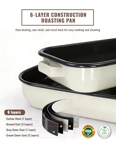 MCCSI Roasting Pan for Oven with Rack 6-Piece Enamel Lasagna Baking Dishes Set 14&17 Inch, 572°F High Temperature Resistance Dishwasher Safe Non-Stick Deep Turkey Roaster Pan Mothers Day Gift Bakeware