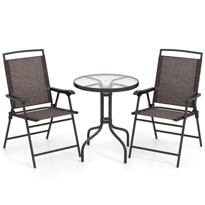 Goplus Patio Bistro Set, 3-Piece Patio Dining Furniture Set with Round Tempered Glass Table, 2 Foldable Chairs, Small Outdoor Folding Chairs & Table Set for Porch Garden Pool Yard