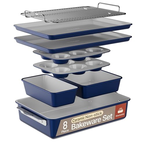 Bakken 8-Piece Stackable Bakeware Set – Ceramic Non-Stick, Oven-Safe Baking Sheets & Pans, PTFE/PFOA/PFOS-Free, Ergonomic Handles, Includes Cooling Rack – Healthy, Non-Toxic Baking Essentials