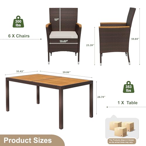 Devoko 7 PCS Acacia Wood Patio Dining Set, Brown Rattan