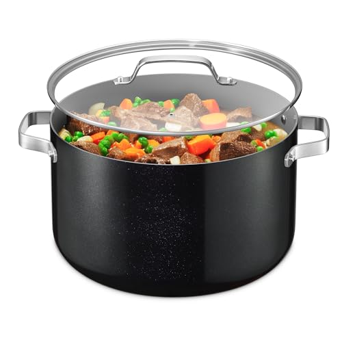 Bakken 16 Quart Ceramic Coated Stock Pot with Lid, Easy Clean Nonstick Pot, Tempered Glass Lid, Riveted Stainless Steel Handles, Oven Safe Up To 500°F, PTFE & PFAS Free, All Stove Compatible, Black