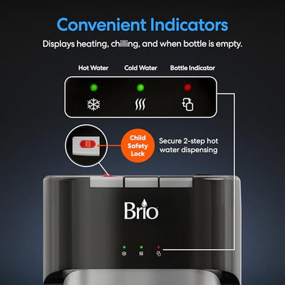 Brio Bottom Loading Water Cooler Dispenser for 5 Gallon Bottles - 3 Temperatures with Hot, Room & Cold Spouts, Child Safety Lock, LED Display with Empty Bottle Alert, Stainless Steel