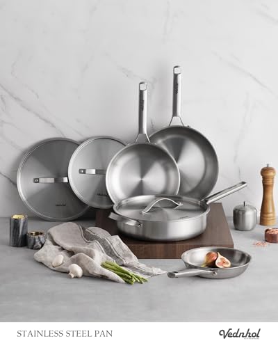VEDNHOL Stainless Steel Frying Pan with Stainless Steel Handle,12 Inch Tri-Ply Stainless Steel Skillet,Brushed Steel Pan for Cooking,Dishwasher and Oven Safe,Induction&All Stove Compatible