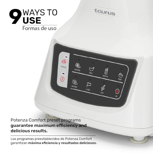 Taurus Potenza Comfort Blender, 1050W, 1.5L Glass Jar, Up to 50% Less Noise, Stainless Steel Blades, 9 Speed Settings, Quiet Powerful Blender for Smoothies, Ice, and Frozen Drinks
