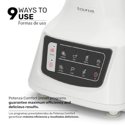 Taurus Potenza Comfort Blender, 1050W, 1.5L Glass Jar, Up to 50% Less Noise, Stainless Steel Blades, 9 Speed Settings, Quiet Powerful Blender for Smoothies, Ice, and Frozen Drinks