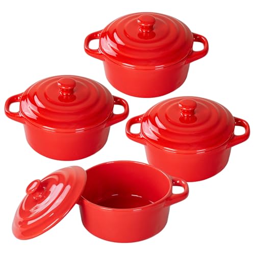 Mini Cocotte Set of 4, 15 oz Ceramic Mini Dutch Ovens with Lids and Handles, Small Casserole Dishes for Baking, Soufflé and Baked Desserts, Oven Microwave Dishwasher Safe, Red