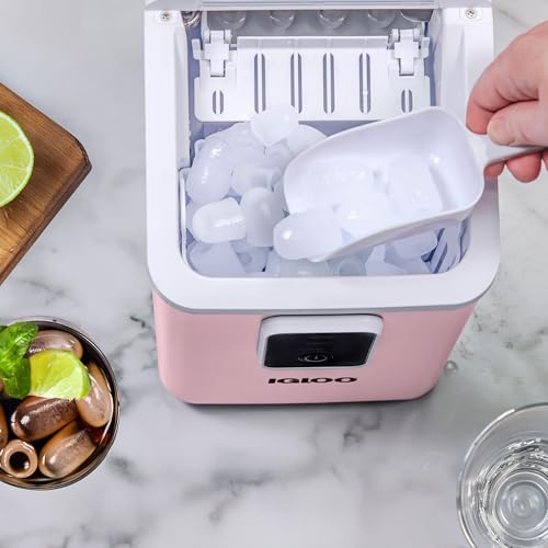 Igloo Portable Ice Maker with Scoop & Basket - Ice Maker with LED Control Panel & 1 Quart Water Tank- Ice Cube Maker Produces 26 Lbs Of Ice In 24 Hours with 8 Large or Small Cubes In 7-8 Minutes- Pink
