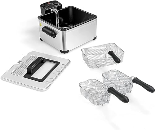 Deep Fryers with 3 Baskets - Simoe 5.3QT/21 Cup Electric Large Fryer Countertop, 1700W Stainless Steel Deep Oil Fryer with Lid, Adjustable Temperature & Timer & View Window, Professional Grade