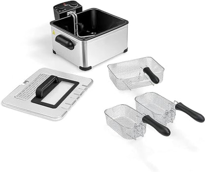 5.3QT Electric Deep Fryer with 3 Baskets, SIMOE 5L Stainless Steel Deep Fryer w/60 Timer & Lid with View Window, Home Countertop Oil Fryer w/Temperature Control for Kitchen, Party, French Fries
